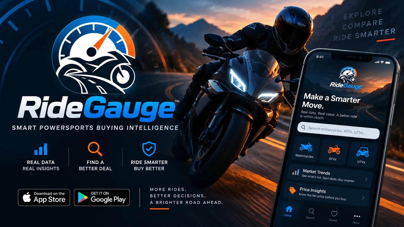 RideGauge mobile app concept with a motorcycle and buying intelligence interface